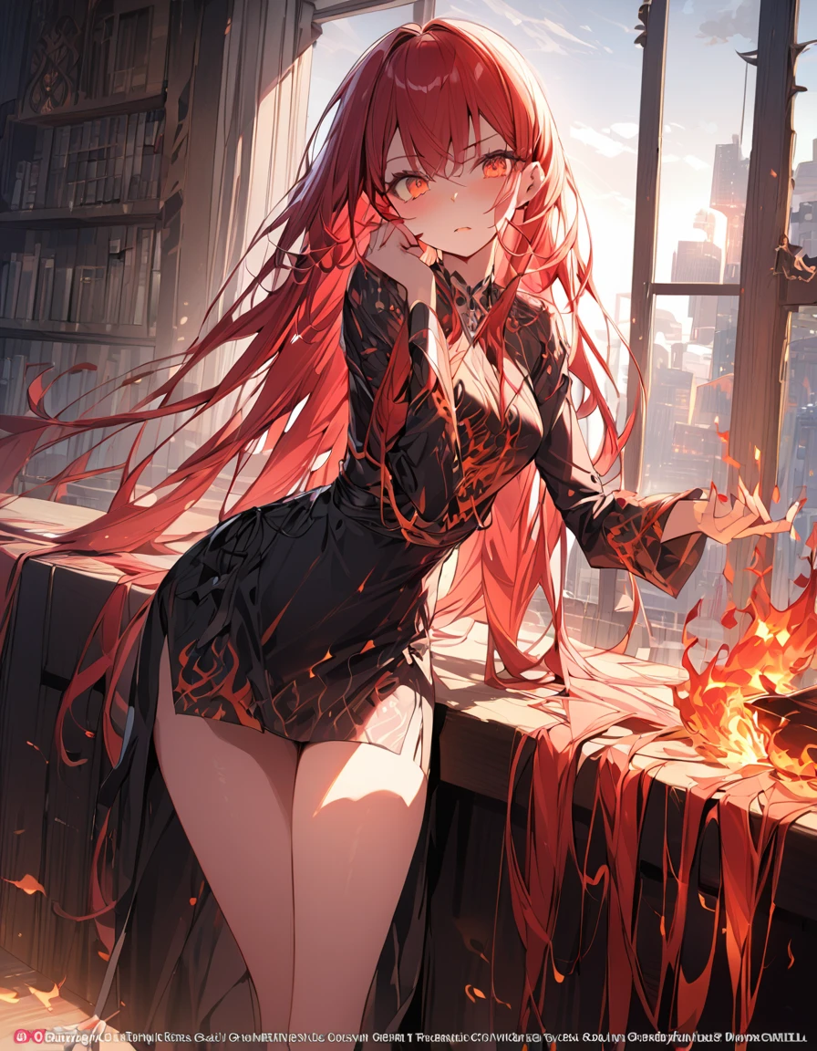 masterpiece　Detailed description　A woman with very long red hair　Very intense flames all over　Spell　