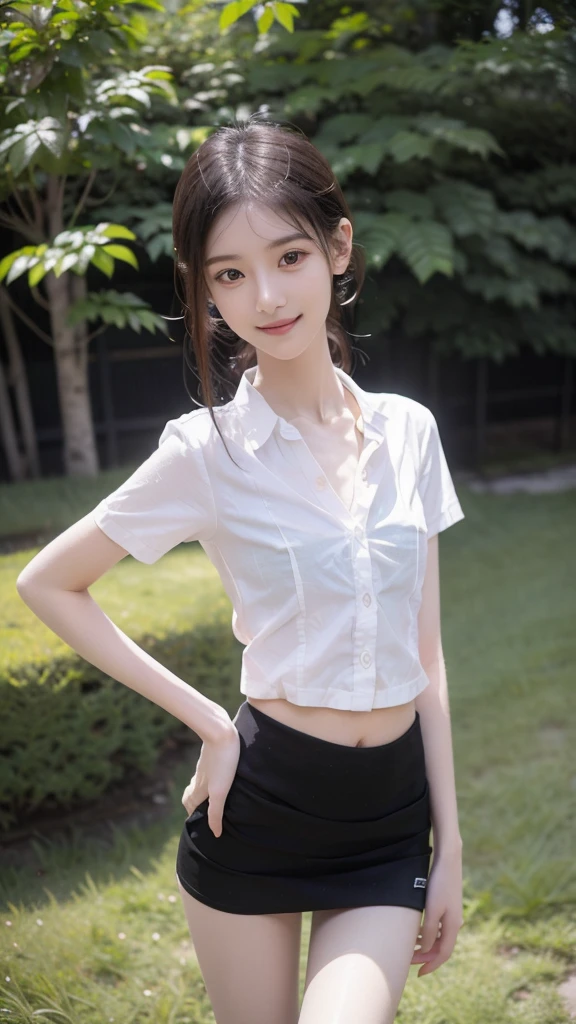 RAW, masterpiece, best quality, extremely detailed, 8k, HDR, photorealistic, intricate, (A Korean skinny girl), (straight hair), (extremely-slim body), (narrow and small hips:1.3), (pale skin), smile, standing, outdoors, wearing a (white short sleeves shirt that is unbuttoned open) and (black extremely-short microskirt:1.4), (close-up picture)
