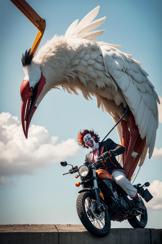 Clown with sharp teeth holding a crane on a moving motorcycle