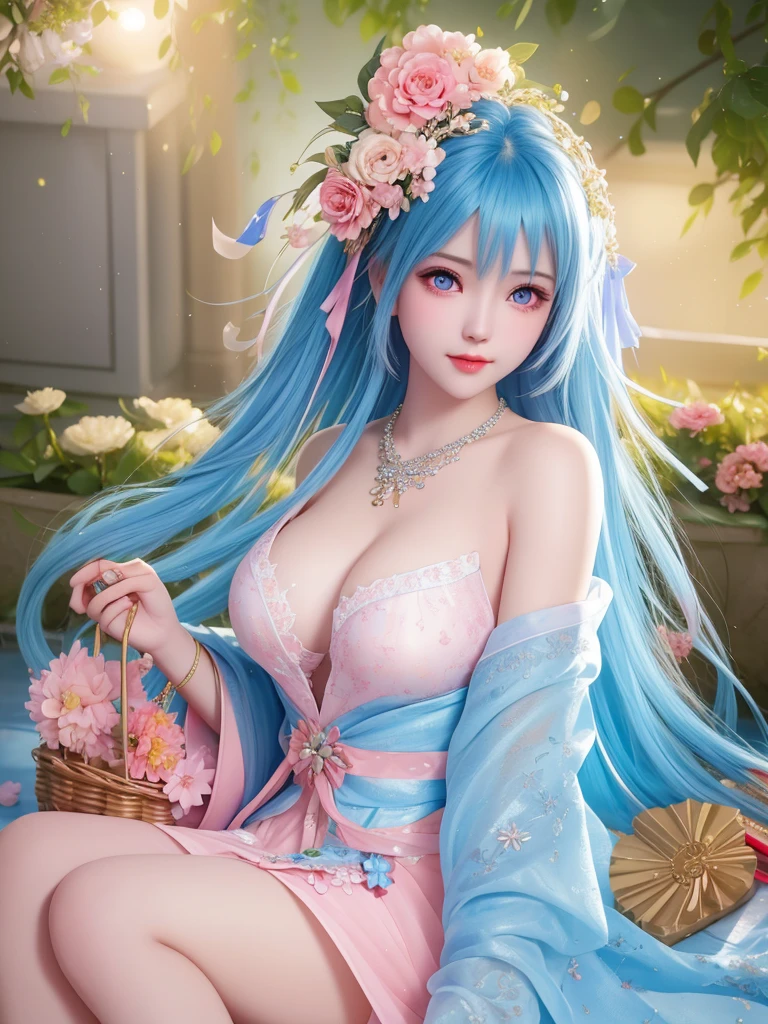 best quality, masterpiece, High target, There is a girl with a basket of flowers on her head, Big breast beauty,Very sexy,beautiful clothes, Hair Decorationss, necklace, Decorations, Pretty Face, When the body, Tyndall effect, Realistic Portraits, Edge lighting, Two-color light, (Very delicate skin:1.2), 8K uhd, Digital SLR Camera, Soft Light, high quality, Volumetric Lighting, Honest, photo, high resolution, 4K, 8K, Bokeh, Blue hair,Pink Eyes.