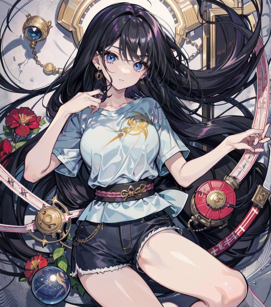 absurdres, RAW photo, extremely delicate and beautiful, masterpiece, Best Quality, ultra high resolution, 32k, hyperrealistic, ultra-detailed, perfect anatomy, super Detailed skin, perfect figure, Japanese woman, late 20s, very Slim body, narrow waist, very small head, handsome detailed woman, very detailed eyes and face, realistic face proportions, Stunning detailed eyes, Realistic beautiful face, very small face, Realistic small beautiful eyes, tearful mole, earring, beautiful and very thin legs, beautiful and very thin thighs, ((very huge round breasts)), medium hair, black hair, ((full body shot)), ((t-shirt)), shorts,