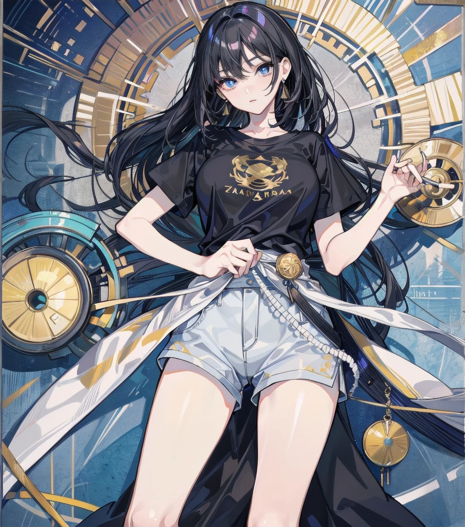 absurdres, RAW photo, extremely delicate and beautiful, masterpiece, Best Quality, ultra high resolution, 32k, hyperrealistic, ultra-detailed, perfect anatomy, super Detailed skin, perfect figure, Japanese woman, late 20s, very Slim body, narrow waist, very small head, handsome detailed woman, very detailed eyes and face, realistic face proportions, Stunning detailed eyes, Realistic beautiful face, very small face, Realistic small beautiful eyes, tearful mole, earring, beautiful and very thin legs, beautiful and very thin thighs, ((very huge round breasts)), medium hair, black hair, ((full body shot)), ((t-shirt)), shorts,
