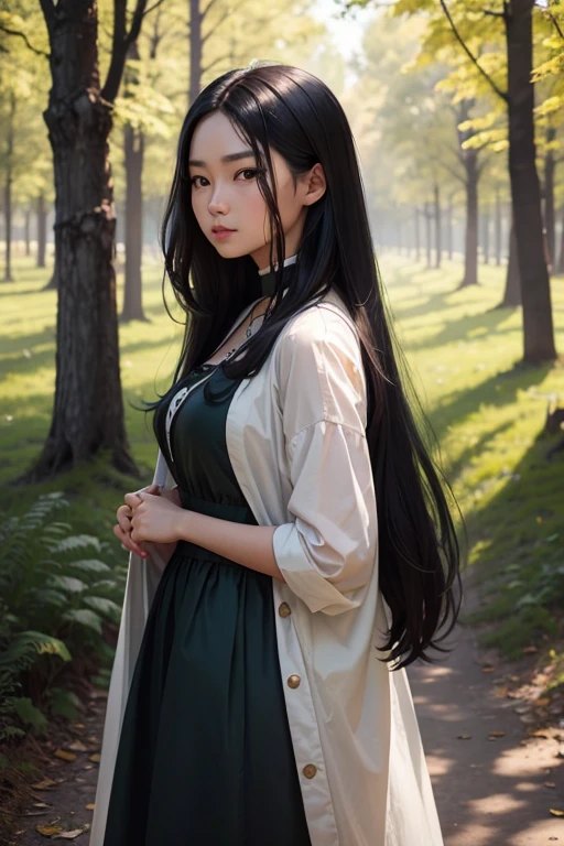 A young asian woman with long black hair wearing a green dress standing in a grassy field with trees and foliage in the background