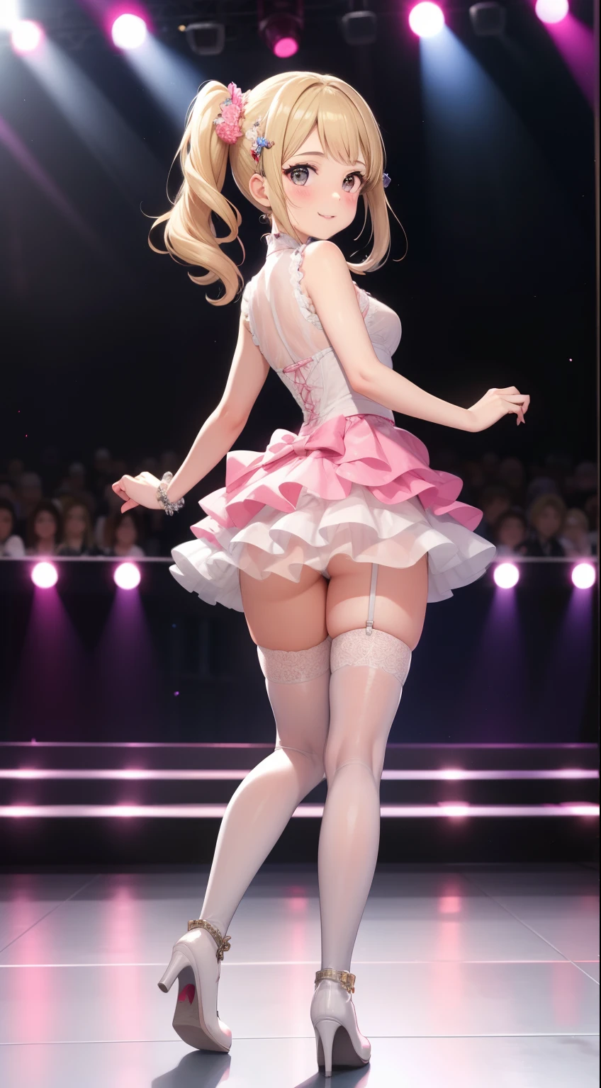 masterpiece, best quality, highly detailed, ultra high res, ayase arisa, 1girl, solo, hazel eyes, hair ornament, short ash blonde hair, (side ponytail), light smile, glossy lips, sleeveless idol dress, very puffy skirt, flared skirt, (see-through skirt), pink thigh highs, white heeled boots, full body, looking back at viewer, crowd, audience