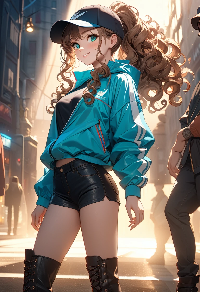 surreal main light brown hair, curly hair, ponytail, very long hair, aqua eyes, smile, Romanticism, cinematic lighting, uhd, masterpiece, anatomically correct beautiful girl wearing a handsome windbreaker, black denim shorts, baseball cap, sunglasses and long leather boots.Tall and bright, detailed texture description presents meaning