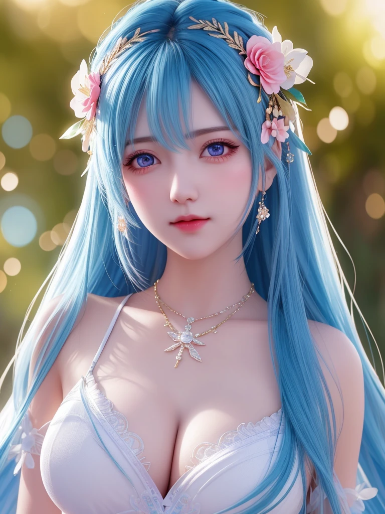 best quality, masterpiece, High target, There is a girl with a basket of flowers on her head, Big breast beauty，Very sexy，beautiful clothes, Hair Decorationss, necklace, Decorations, Pretty Face, When the body, Tyndall effect, Realistic Portraits, Edge lighting, Two-color light, (Very delicate skin:1.2), 8K uhd, Digital SLR Camera, Soft Light, high quality, Volumetric Lighting, Honest, photo, high resolution, 4K, 8K, Bokeh, Blue hair，Pink Eyes.