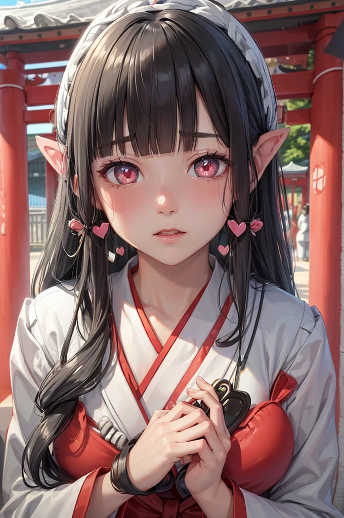 (sweaty skin) (standing, in the Fukuoka hakata city), (pov close up face) solo:2, 15 yo, ((blunt bangs)) (black hair long hair panic:1.4 shrine maiden girl), ((((heart shaped pupils gray eyes)))), hand put on own chest, in a shrine maiden clothes, BREAK, perfect anatomy, masterpiece, best quality, 16k, beautiful detailed grow, daydreaming expression.