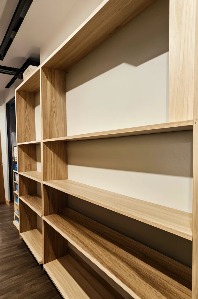 Give me an image of a shelf made with melamine that has just come out of the carpentry and is facing the front, give me another image