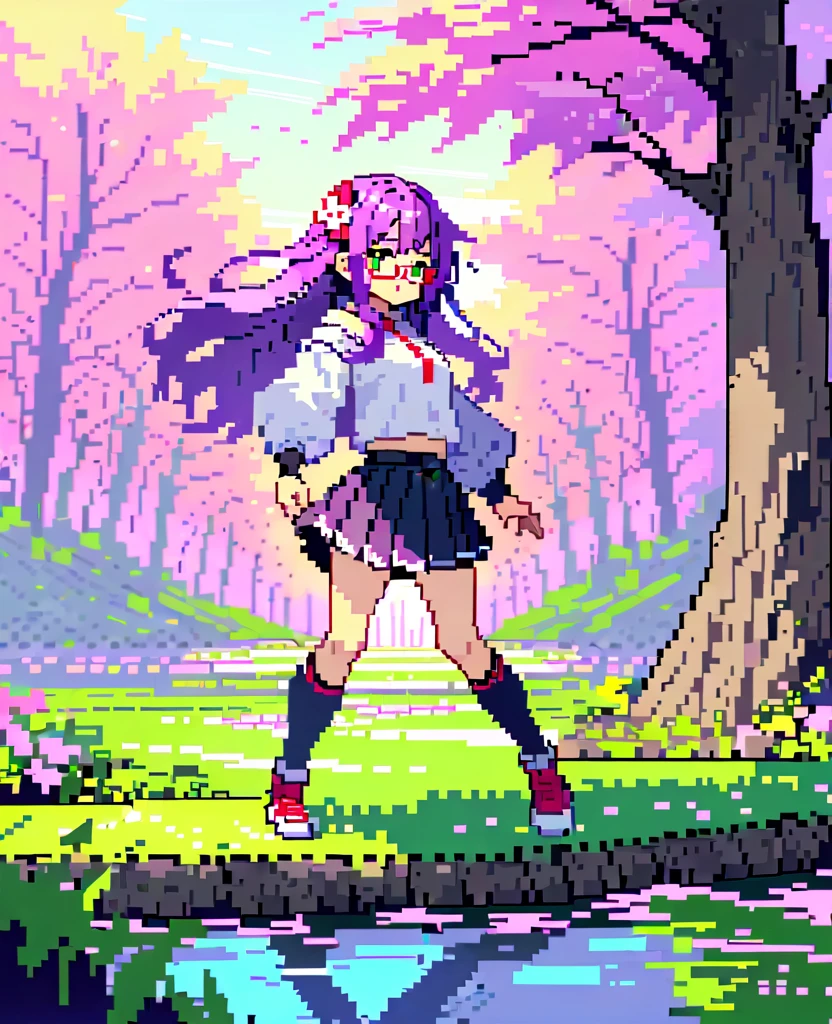 One girl, difficult, Pixel art,(masterpiece, Highest quality), (Absurd), (Ultra-detailed, 8K, Ultra-high resolution:1.2), 1 Girl, Outdoor, nature, forest, Grass, Dynamic pose, spring,cherry blossoms,cherry blossoms吹雪,(((Purple long hair))),(Red round glasses),(Green Eyes),Pleated skirt,Knee socks,Blue diamond-shaped hair ornament,yuki izumi,HEAVEN BURNS RED,