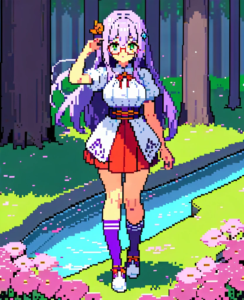 One girl, difficult, Pixel art,(masterpiece, Highest quality), (Absurd), (Ultra-detailed, 8K, Ultra-high resolution:1.2), 1 Girl, Outdoor, nature, forest, Grass, Dynamic pose, spring,cherry blossoms,cherry blossoms吹雪,(((Purple long hair))),(Red round glasses),(Green Eyes),Pleated skirt,Knee socks,Blue diamond-shaped hair ornament,yuki izumi,HEAVEN BURNS RED,