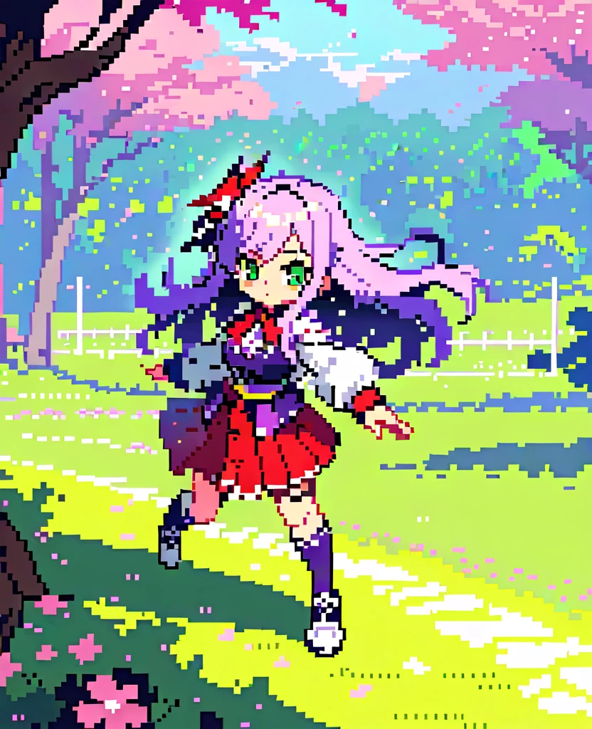 One girl, difficult, Pixel art,(masterpiece, Highest quality), (Absurd), (Ultra-detailed, 8K, Ultra-high resolution:1.2), 1 Girl, Outdoor, nature, forest, Grass, Dynamic pose, spring,cherry blossoms,cherry blossoms吹雪,(((Purple long hair))),(Red round glasses),(Green Eyes),Pleated skirt,Knee socks,Blue diamond-shaped hair ornament,yuki izumi,HEAVEN BURNS RED,