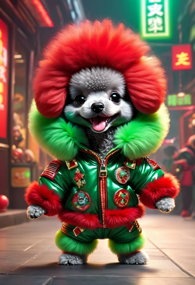 A poodle puppy from space、Laughing and dancing in Chinese red and green furs，Extremely funny hip hop，punk，,Concept Design, Character Table