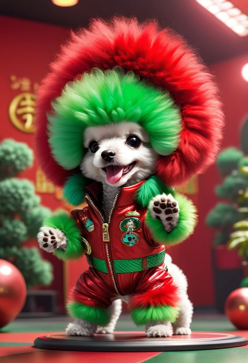 A poodle puppy from space、Laughing and dancing in Chinese red and green furs,Extremely funny hip hop,punk,,Concept Design, Character Table