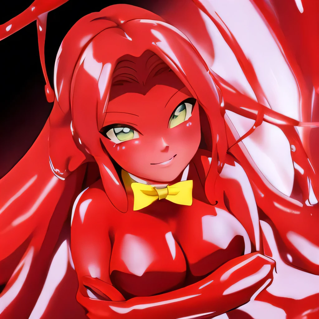 (masterpiece,best quality,ultra-delicate,Perfect Face,16k,high resolution,very beautiful woman),Red Slime Body, Green Eyes, Yellow bow tie,jamanen:1.3,((melting body,Melting legs, melting hair,melting breasts)) ,(huge Breasts),Long Hair,Shiny body,red Muddy caves,smirk,anime style