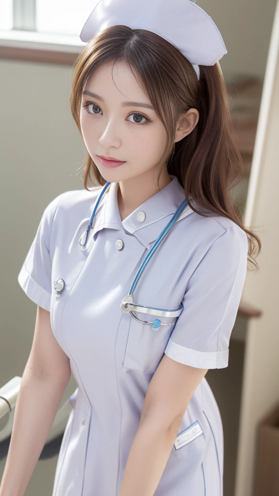(masterpiece, Highest quality:1.2),alone,The eyes are exquisite and delicate,Brown Hair、Long Hair、Pink Lips,blue eyes,Big Breasts、Wavy Hair、(((White nurse uniform:1.5)))、Japanese