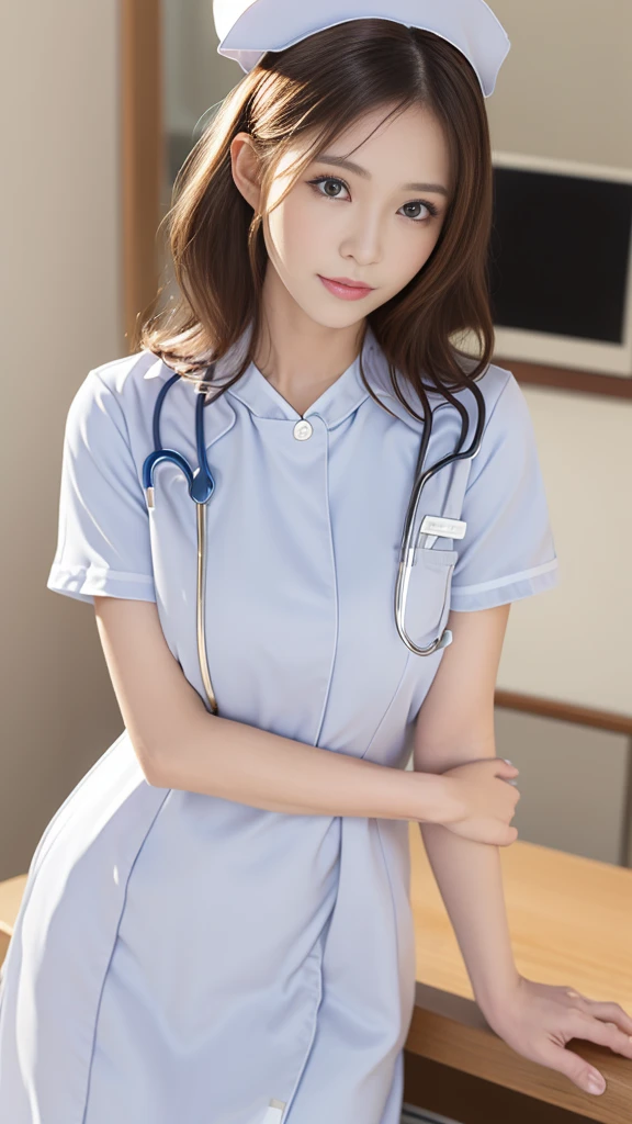 (masterpiece, Highest quality:1.2),alone,The eyes are exquisite and delicate,Brown Hair、Long Hair、Pink Lips,blue eyes,Big Breasts、Wavy Hair、(((White nurse uniform:1.5)))、Japanese