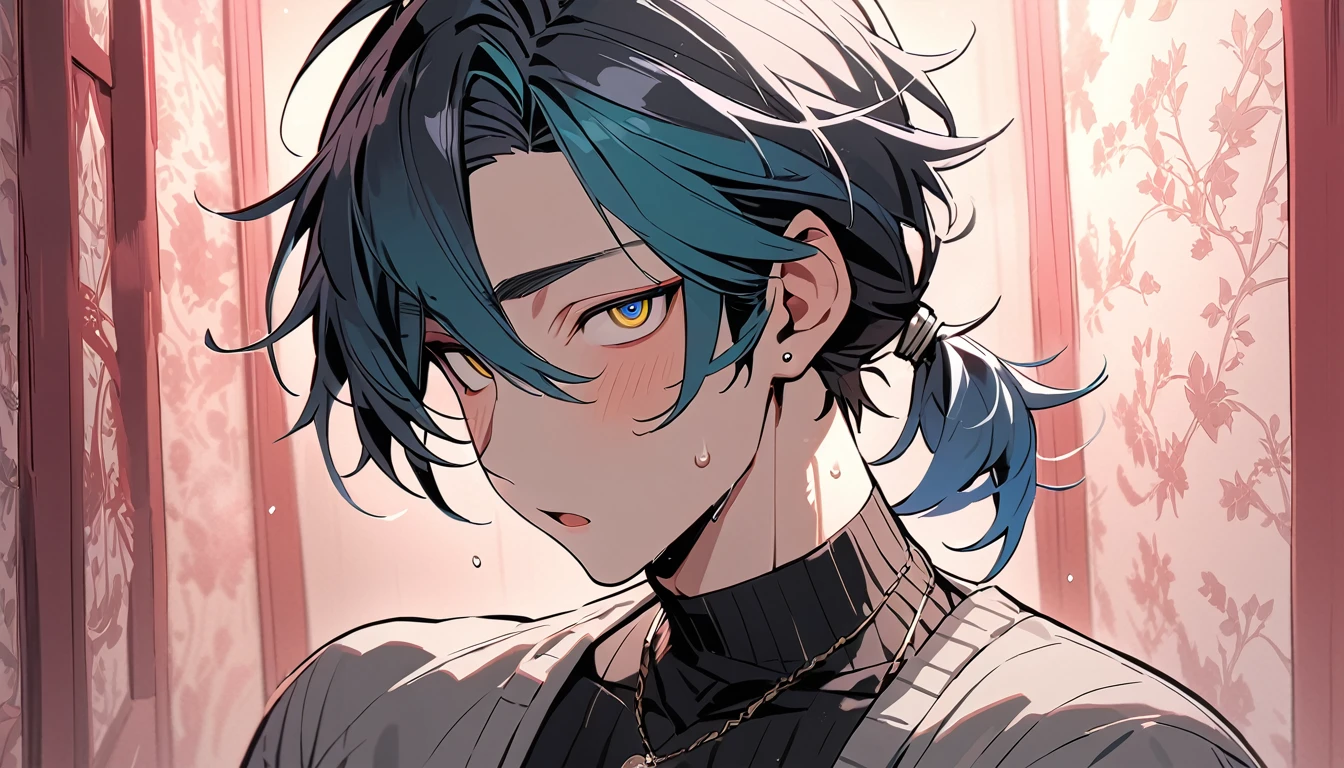 ((((best masterpiece, best quality, wallpaper,)))) solo, guy, male body, small muscles, flat chest, 1male, 30 years old, handsome man, dramatic angle, upper body, looking at viewers, beautiful detailed, mediumturquoise hair, ((((Lower short ponytail)))), asymmetrical bangs, ((short hair,)) blush stickers, sweat, (((perfect face, extremely detailed eyes,))) ((( jitome, gold eyes, ^o^, tareme, droopy eyes,))) perfect hands, sharp nose, clear face, black turtleneck, grey cardigan, ((silver piercing, pendant,)) leggings, pink background color ultrasharp, 8K, masterpiece,