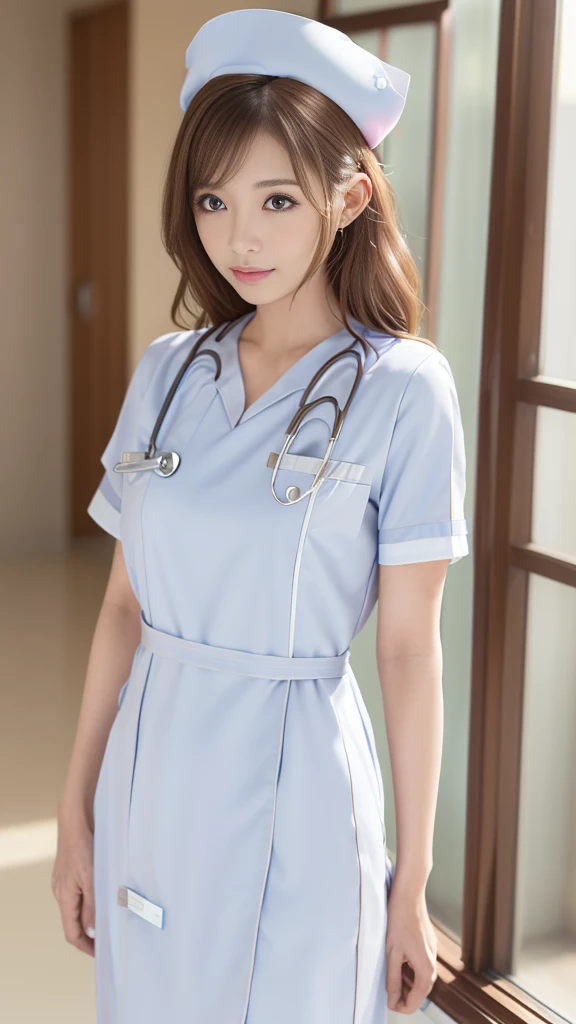(masterpiece, Highest quality:1.2),alone,The eyes are exquisite and delicate,Brown Hair、Long Hair、Pink Lips,blue eyes,Big Breasts、Wavy Hair、(((White nurse uniform:1.5)))、Japanese