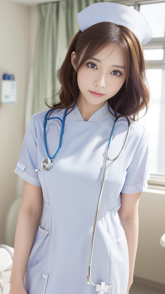 (masterpiece, Highest quality:1.2),alone,The eyes are exquisite and delicate,Brown Hair、Long Hair、Pink Lips,blue eyes,Big Breasts、Wavy Hair、(((White nurse uniform:1.5)))、Japanese