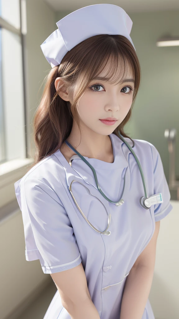 (masterpiece, Highest quality:1.2),alone,The eyes are exquisite and delicate,Brown Hair、Long Hair、Pink Lips,blue eyes,Big Breasts、Wavy Hair、(((White nurse uniform:1.5)))、Japanese