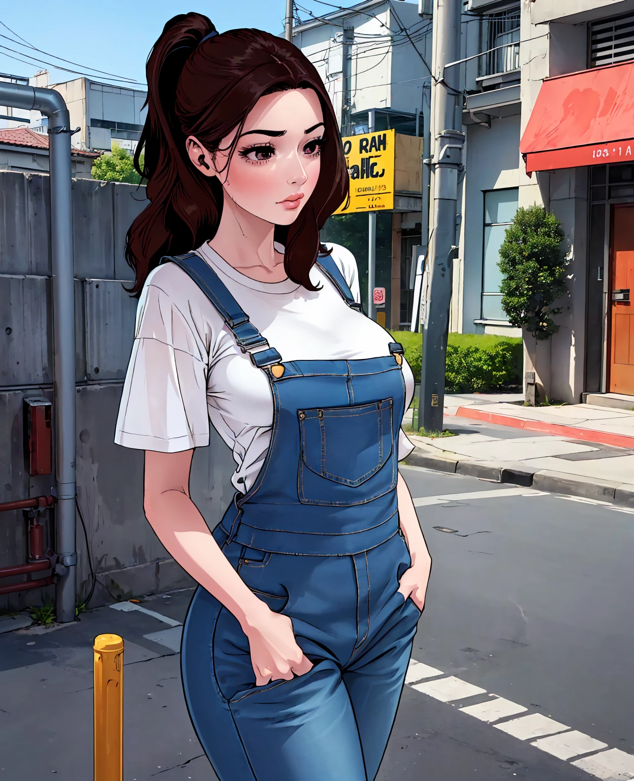 a photo of pho3b3cat3s, beautiful woman, ((24 years old)), street, tshirt, denim overalls, 1980s, retro, long wavy dark hair ponytail, (masterpiece), (extremely detailed CG unity 8k wallpaper), Intricate, ((photorealistic)),