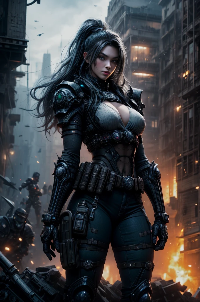 An exuberant 20 year old woman, warrior mix of chistina hendrix and Bryce Dallas Howard with gears of war uniform, very pretty,green eyes, short dark hair,full lips, beautiful, with his sexy combat uniform, dark blue camouflage navy,big chest, narrow waist, muscular legs, is in struggle in a city with immense half-ruined buildings, all full of imagination,Gray Light, fog of war, armored uniform in plates