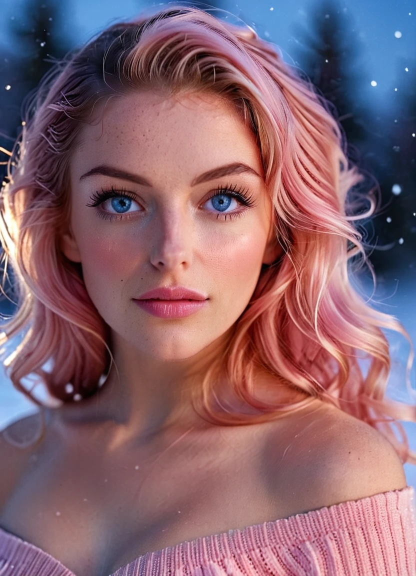 Extreme closeup portrait of an ultra hot gorgeous European woman.age 23, soft 
fit body. She’s a playmate and men magazine model. Pink wavy hair. Blue eyes. Pink turtleneck loose dress. Bare shoulders. She flirts with camera. Snowy Outdoor night studio shot. Bokeh