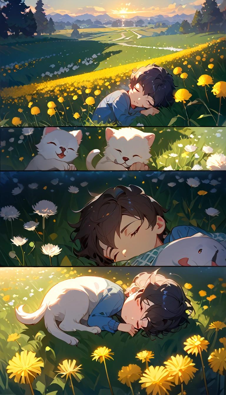 masterpiece, best quality, 8k, 4k, 1boy, sleeping, dark blue hair with red stripes, blue long sleeve shirt, short pale brown pants with pocket, lay down on the field, a small white furry puppy sleeping next to the boy, cute round siberian white puppy, white dandelions fields, dandelions Taraxacum erythrosperm, wind blowing, sleeping on the fields, finely detailed eyes and detailed face, inspired by Asukaziye artist : ask, art style : ask