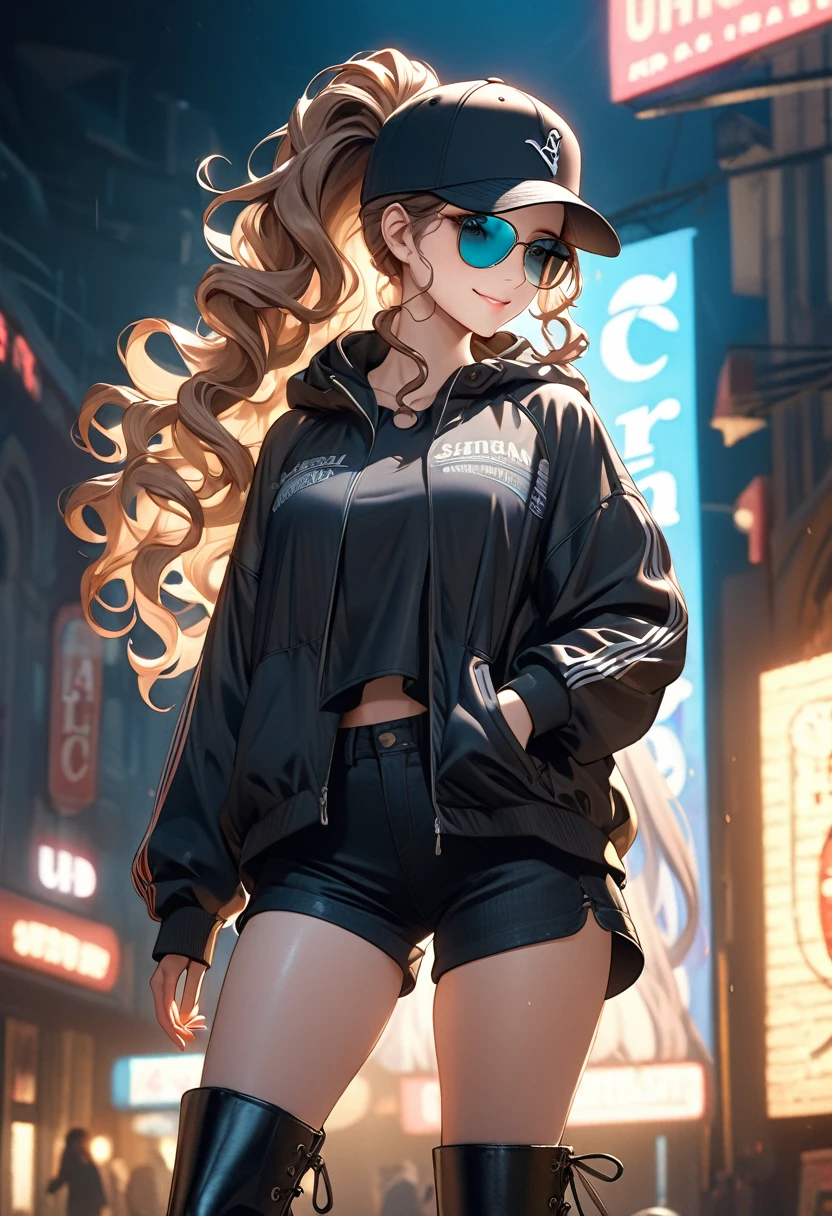 surreal main light brown hair, curly hair, ponytail, very long hair, aqua eyes, smile, Romanticism, cinematic lighting, uhd, masterpiece, anatomically correct beautiful girl wearing a handsome black windbreaker, black denim shorts, baseball cap, sunglasses and long leather boots.Tall and bright, detailed texture description presents meaning