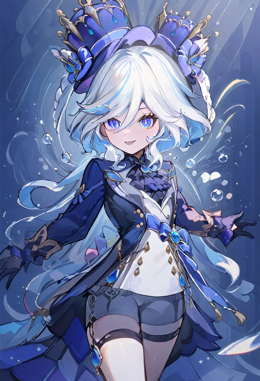 furina,1girl, blue eyes, solo, hat, long hair, looking at viewer, smile, blue hair, bangs, bubble, hair between eyes, white hair, , closed mouth, crown, multicolored hair, air bubble, light rays, ribbon, virtual youtuber, gem(best quality), ((masterpiece)), (highres), (an extremely delicate and beautiful), plaid clothes