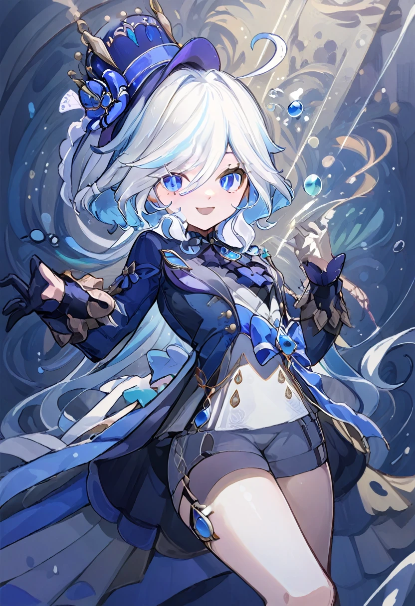 furina,1girl, blue eyes, solo, hat, long hair, looking at viewer, smile, blue hair, bangs, bubble, hair between eyes, white hair, , closed mouth, crown, multicolored hair, air bubble, light rays, ribbon, virtual youtuber, gem(best quality), ((masterpiece)), (highres), (an extremely delicate and beautiful), plaid clothes