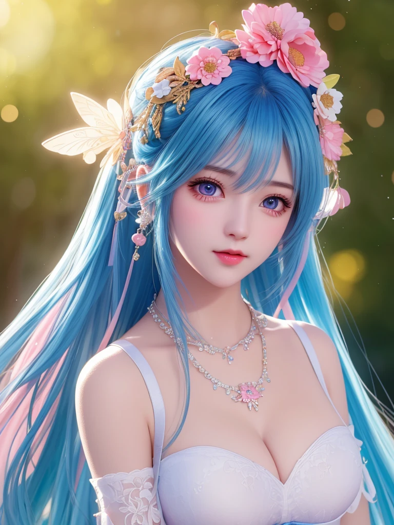 best quality, masterpiece, High target, There is a girl with a basket of flowers on her head, Big breast beauty,Very sexy,beautiful clothes, Hair Decorationss, necklace, Decorations, Pretty Face, When the body, Tyndall effect, Realistic Portraits, Edge lighting, Two-color light, (Very delicate skin:1.2), 8K uhd, Digital SLR Camera, Soft Light, high quality, Volumetric Lighting, Honest, photo, high resolution, 4K, 8K, Bokeh, Blue hair,Pink Eyes.