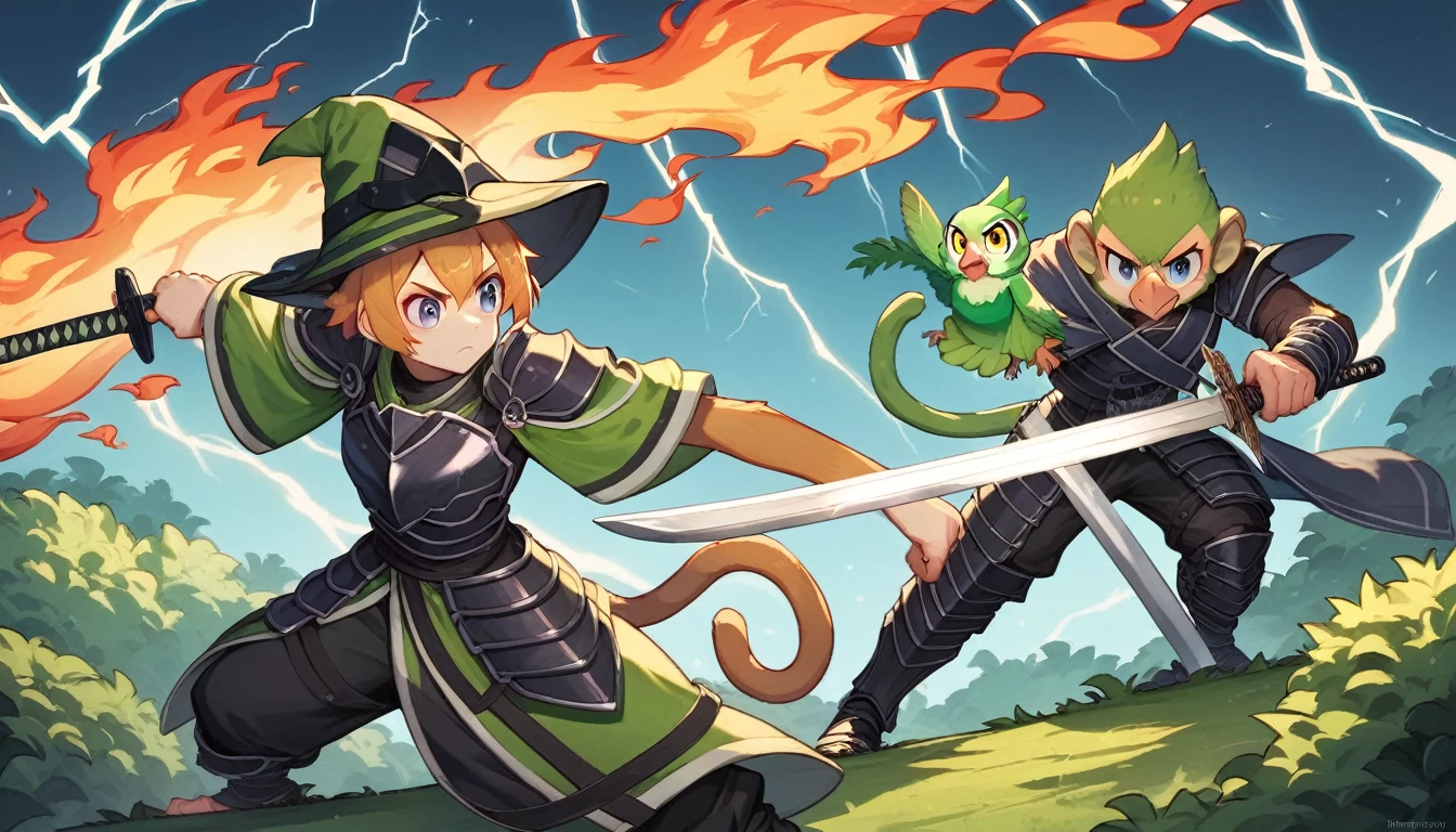 ((four characters)), (cat knight, black armor, holding a sword surrounded by flames), (monkey martial artist, striking a fighting pose with lightning fists), (bush dog samurai, black armor, holding a Japanese sword in each hand), (green parrot wizard, wizard's hat and robe, wand in each hand, with a purple magic circle coming out of the tip of his wand). ), in dungeon, twilight, 4K, 3dcg, sparks flying, high resolution, masterpiece, high quality, super detailed, ultra detailed, ultra realistic, fantasy world, dragon quest like world, medieval european world, drone with top angle, 3d fluffy, cute big round reflective eyes, Pixar rendering, Unreal Cinematic Smooth Engine, elaborate detail, Unreal