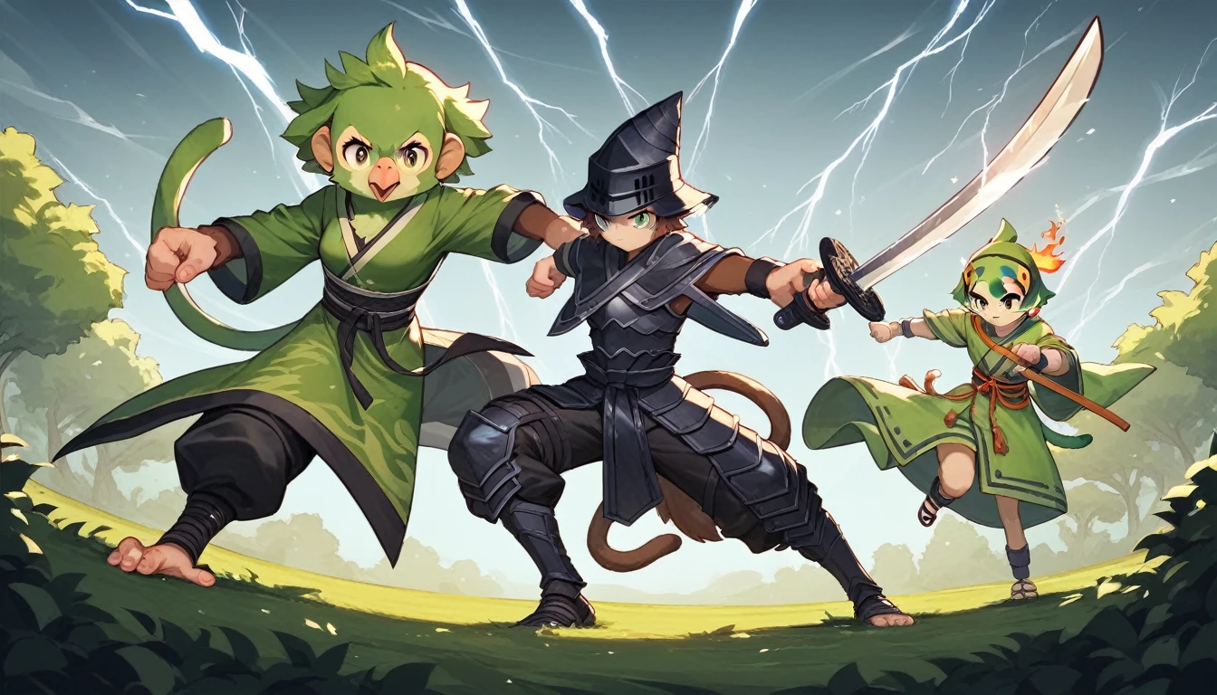 ((four characters)), (cat knight, black armor, holding a sword surrounded by flames), (monkey martial artist, striking a fighting pose with lightning fists), (bush dog samurai, black armor, holding a Japanese sword in each hand), (green parrot wizard, wizard's hat and robe, wand in each hand, with a purple magic circle coming out of the tip of his wand). ), in dungeon, twilight, 4K, 3dcg, sparks flying, high resolution, masterpiece, high quality, super detailed, ultra detailed, ultra realistic, fantasy world, dragon quest like world, medieval european world, drone with top angle, 3d fluffy, cute big round reflective eyes, Pixar rendering, Unreal Cinematic Smooth Engine, elaborate detail, Unreal