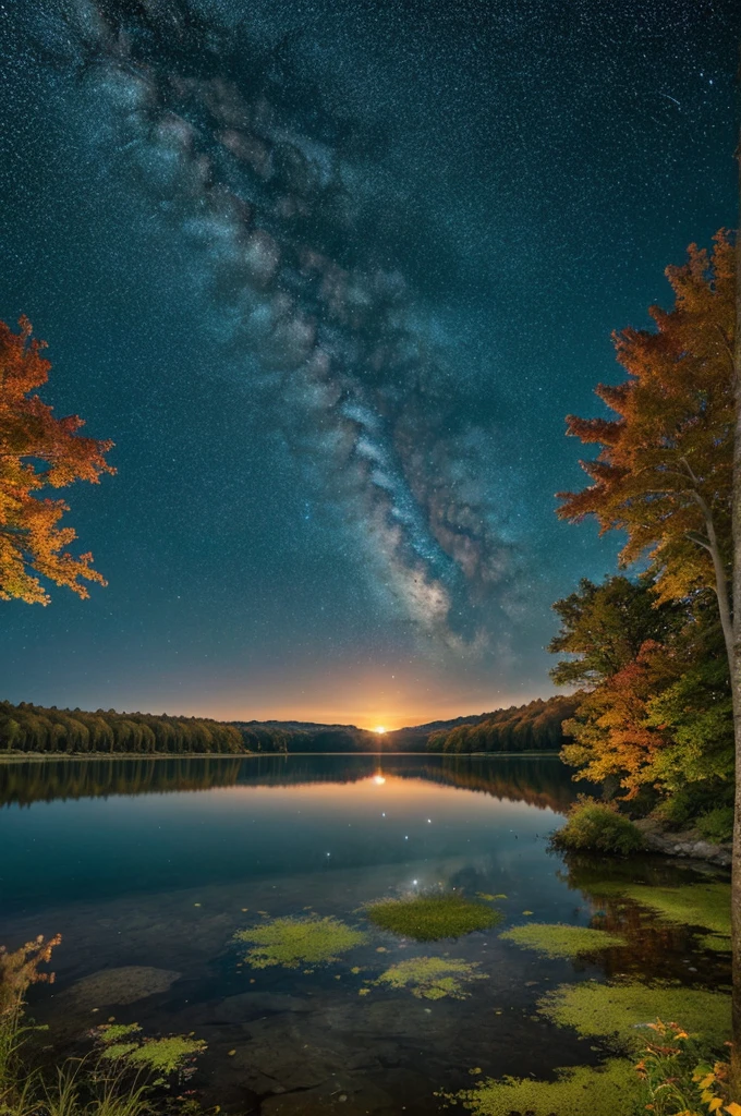 Create a serene natural landscape where a tranquil lake reflects the colors of a setting sun, surrounded by lush forests with vibrant autumn foliage. Overhead, a clear sky hosts a breathtaking display of stars and a faint hint of the Milky Way
