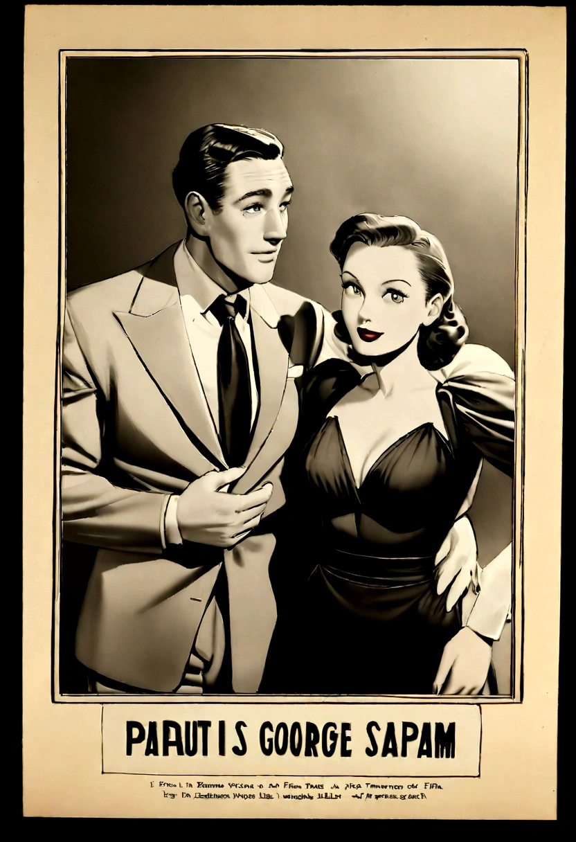 a man is holding a woman in a dress and a suit, vintage noir, publicity photo, old hollywood, poster shot, by Stan Galli, by George Hurrell, noir film, 1940s photo, preston blair, promo photograph, irresistible, film noir, model pose, promo shot, by Pat Adams, by Dennis Ashbaugh, glamorous pose