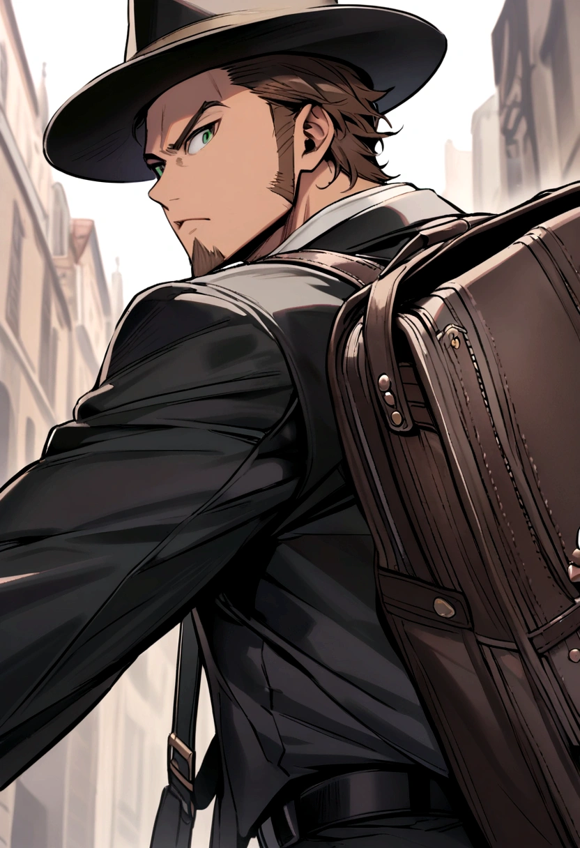 brown haired guy, goatee, dark green eyes, black hat, black suit with white trim, black backpack, brown watch, black belt