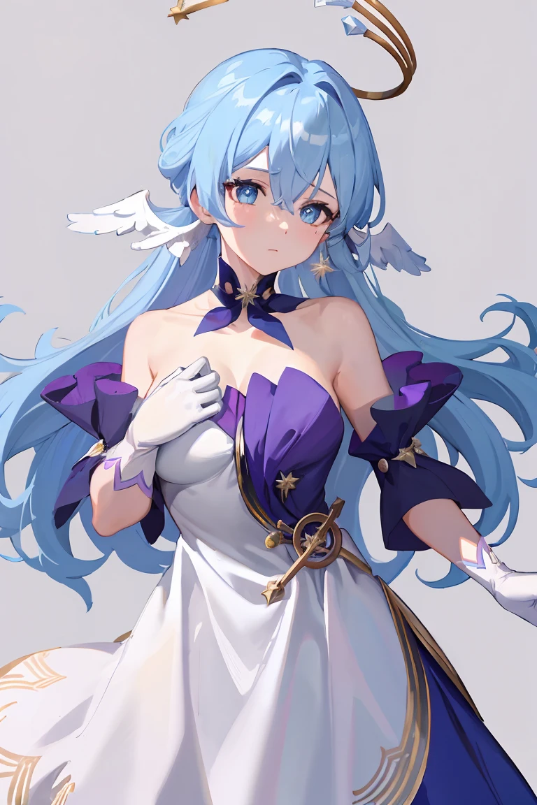 Robin,1 Girl,(Blue Hair:1.0),Bare shoulders,Halo,White gloves,earrings,White Dress,Off-shoulder dress,Head wings,high quality,Purple dress,Separate sleeves,clavicle,(Virtual YouTuber:0),, (masterpiece,best quality,high quality:1.4),absurd,