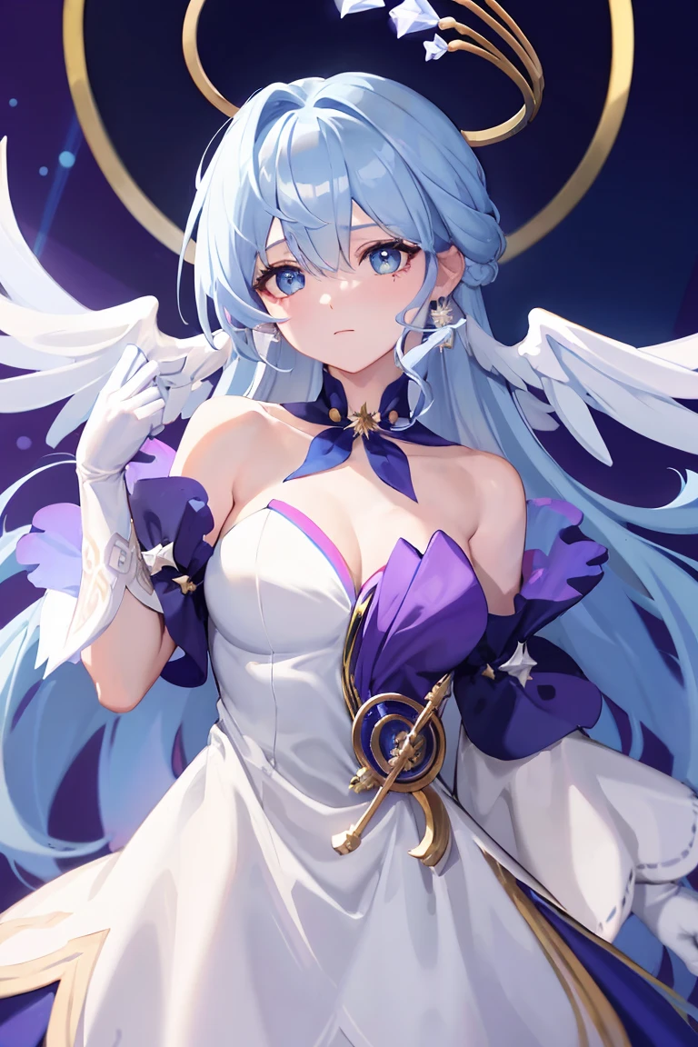 Robin,1 Girl,(Blue Hair:1.0),Bare shoulders,Halo,White gloves,earrings,White Dress,Off-shoulder dress,Head wings,high quality,Purple dress,Separate sleeves,clavicle,(Virtual YouTuber:0),, (masterpiece,best quality,high quality:1.4),absurd,