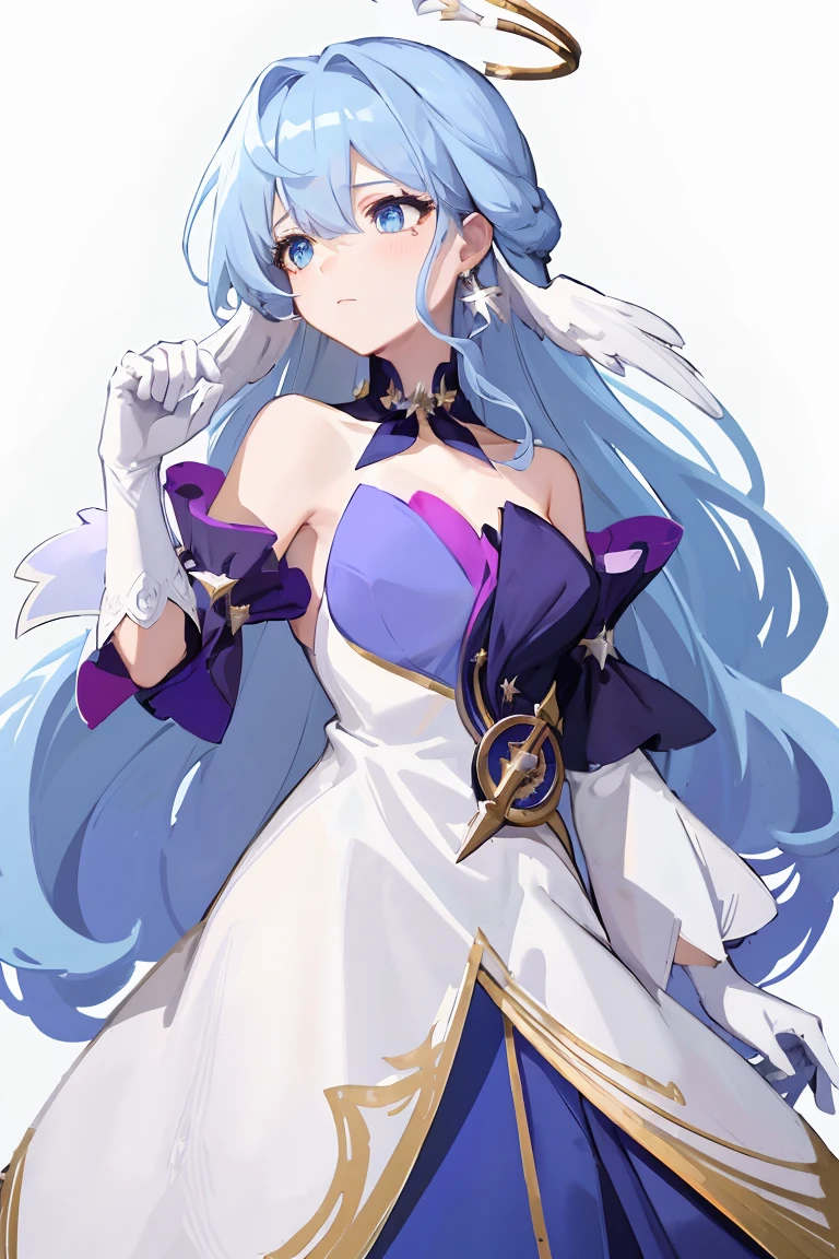 Robin,1 Girl,(Blue Hair:1.0),Bare shoulders,Halo,White gloves,earrings,White Dress,Off-shoulder dress,Head wings,high quality,Purple dress,Separate sleeves,clavicle,(Virtual YouTuber:0),, (masterpiece,best quality,high quality:1.4),absurd,