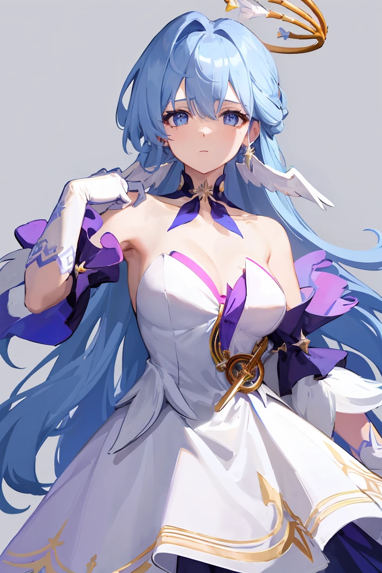 Robin,1 Girl,(Blue Hair:1.0),Bare shoulders,Halo,White gloves,earrings,White Dress,Off-shoulder dress,Head wings,high quality,Purple dress,Separate sleeves,clavicle,(Virtual YouTuber:0),, (masterpiece,best quality,high quality:1.4),absurd,