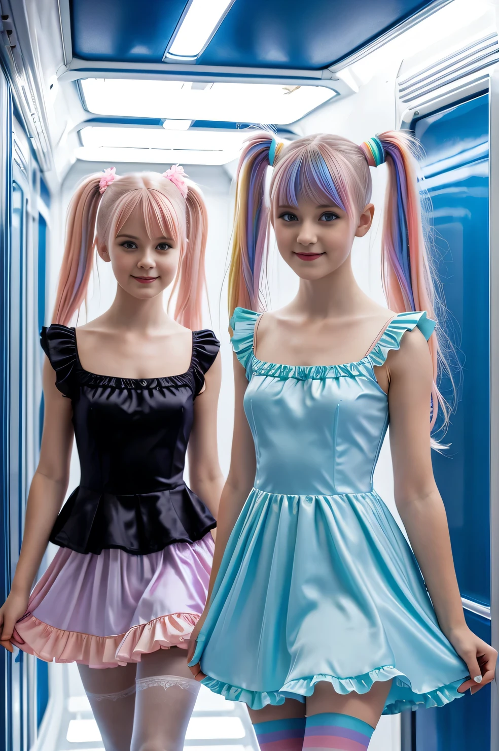 various cute 19-year-old neon haired women, natural posture, pale white skin, happy, smiling, in twin tails, perfect blue eyes, pale goth skin, silky smooth skin, flying a fancy metal luxurious space ship, standing in a spaceship corridor, outer space seen in windows, dark warm lighting, they are wearing various futuristic dresses, each a different dress, pleated (chemise) mini dress (pastel rainbow colors, and polka dots), puffy sleeves low cut top, silk, ((frilly pantyhose under dress)), tights, cute short cut booties, boots.