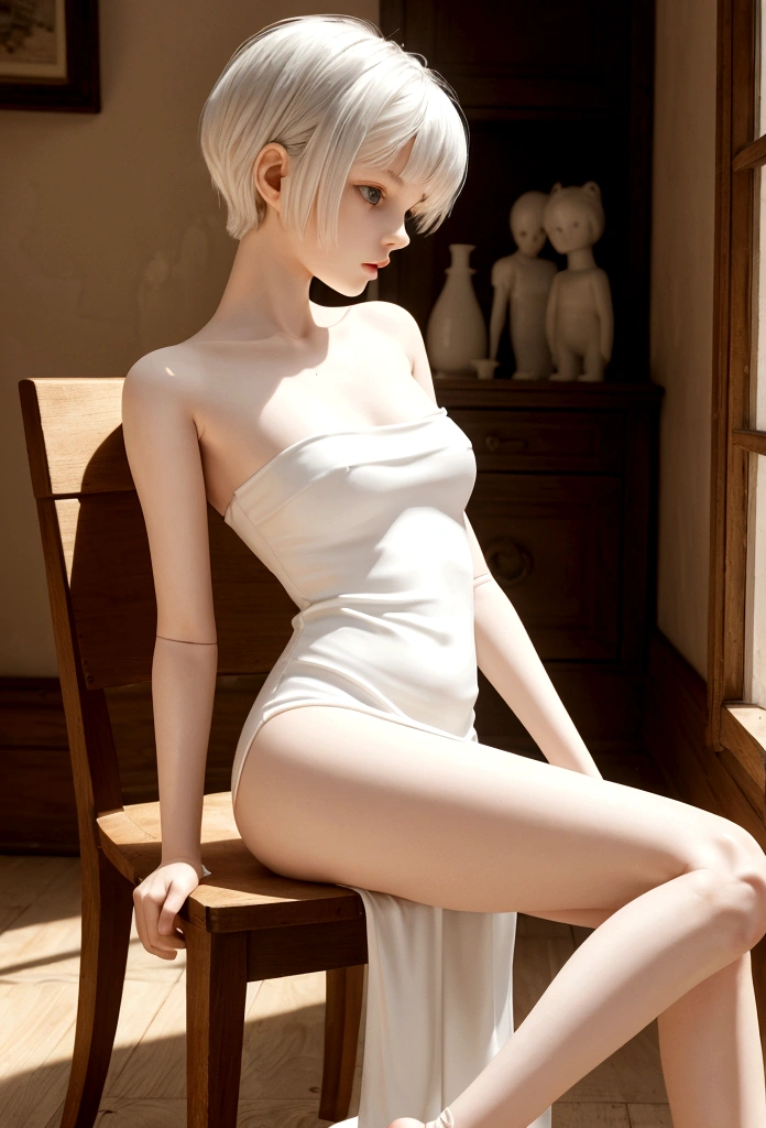 from side, upper body, BJD, doll joints, doll joints, BJD made of pure white glazed ceramics, electric drive, A fantastic and aesthetic image, Large half-closed golden glass eyes, urban style Pure white very short hair, a thin and haggard face, face without makeup, The ball-jointed doll is modeled after a 18-year-old woman, European features, silk white tube top dress, slender limbs, beautiful detailed face, sitting on a wooden chair, old european houses, indoor, beautiful artwork, High-definition, 4k, 8k,