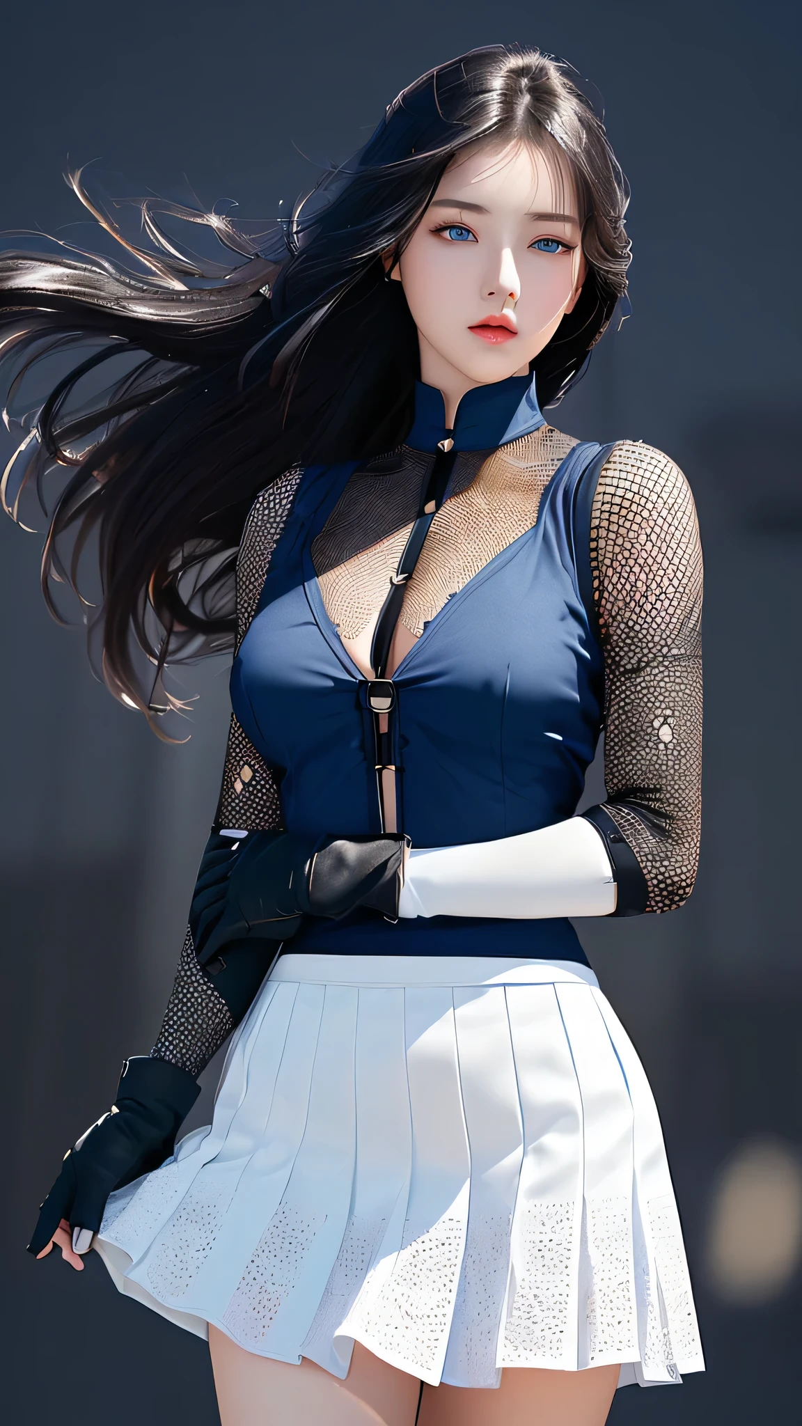 最high quality、Best image quality、masterpiece、With a girl((cute、20-year-old、Best Bust、Medium Bust、Bust 85,Beautiful Blue Eyes、Spread your chest wide,Long black hair、Slender、The best valley、、Blue Y-shirt、White short skirt,Show the whole body、Black perforated gloves))high quality、Beautiful art、background((School、School zone、Strong winds)),Tabletop、Exquisite design、Visual Arts、Depth of written boundary、Best lighting、Highest detail、8k