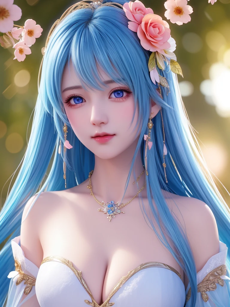 best quality, masterpiece, High target, There is a girl with a basket of flowers on her head, Big breast beauty,Very sexy,beautiful clothes, Hair Decorationss, necklace, Decorations, Pretty Face, When the body, Tyndall effect, Realistic Portraits, Edge lighting, Two-color light, (Very delicate skin:1.2), 8K uhd, Digital SLR Camera, Soft Light, high quality, Volumetric Lighting, Honest, photo, high resolution, 4K, 8K, Bokeh, Blue hair,Pink Eyes.