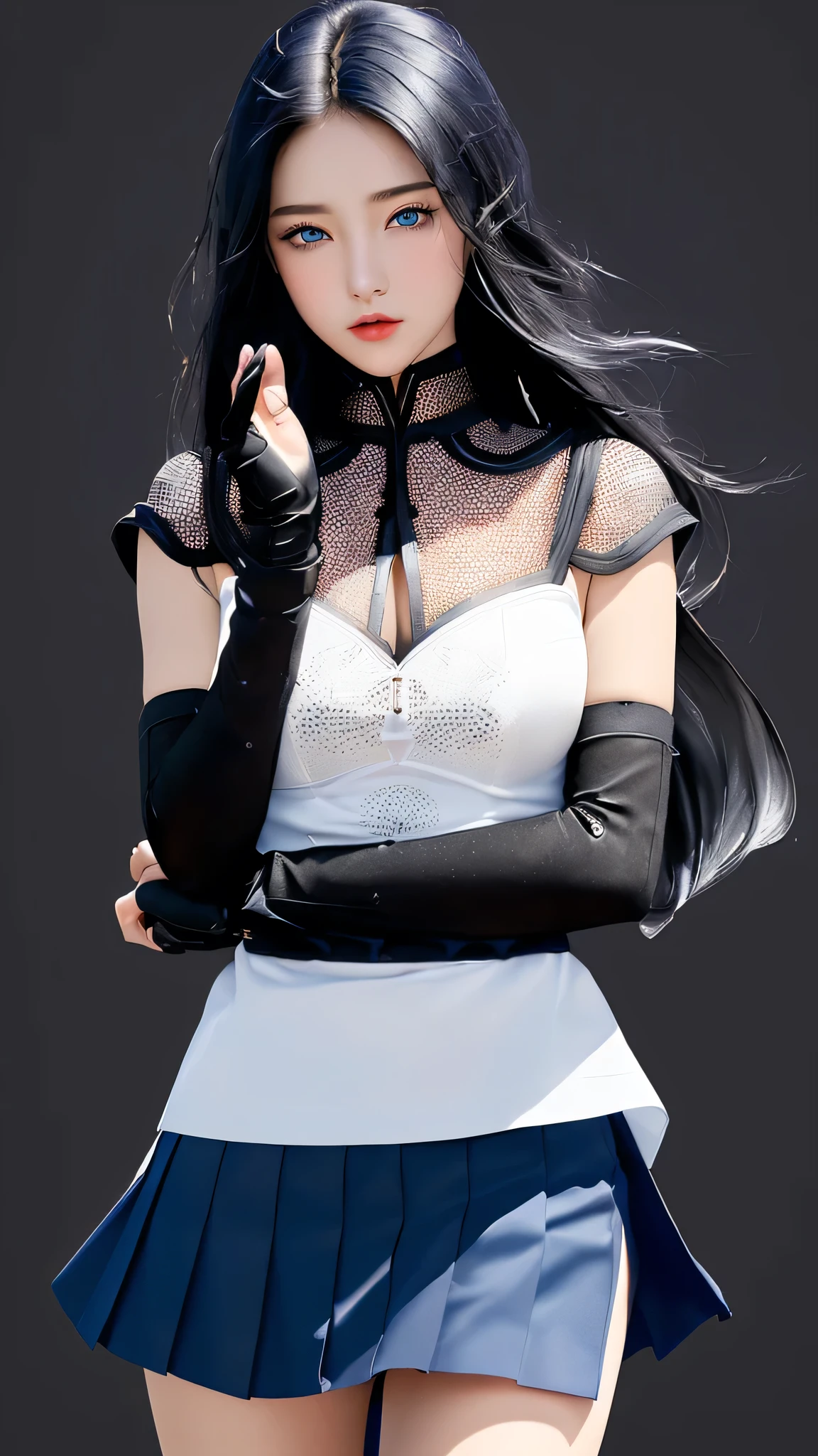 最high quality、Best image quality、masterpiece、With a girl((cute、20-year-old、Best Bust、Medium Bust、Bust 85,Beautiful Blue Eyes、Spread your chest wide,Long black hair、Slender、The best valley、、Blue Y-shirt、White short skirt,Show the whole body、Black perforated gloves)）high quality、Beautiful art、background((School、School zone、Strong winds)),Tabletop、Exquisite design、Visual Arts、Depth of written boundary、Best lighting、Highest detail、8ｋ