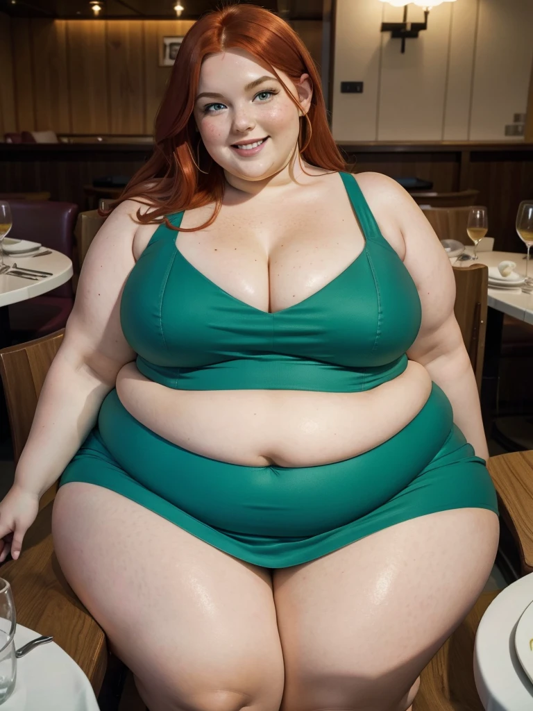 A Happy photo of a young beautiful redhead bbw with soft fat belly, wide fat obese hips, thick fat legs and fat arms, cute pretty face, small breasts, blue eyes, freckles, sitting across a table in an elegant detailed covering green dress on a chair with a lot of food in front of her in an all-you-can-eat restaurant of a cruise ship