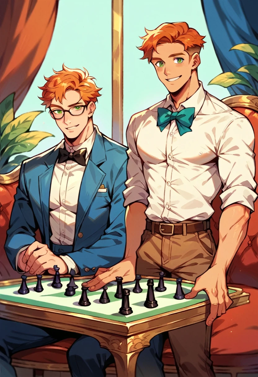 2 men, Handsome ginger haired man with green eyes wearing glasses and a black and blue fantasy attire smiling and playing chess with a handsome blonde haired man wearing a tan shirt and brown pants and a bowtie, living room background