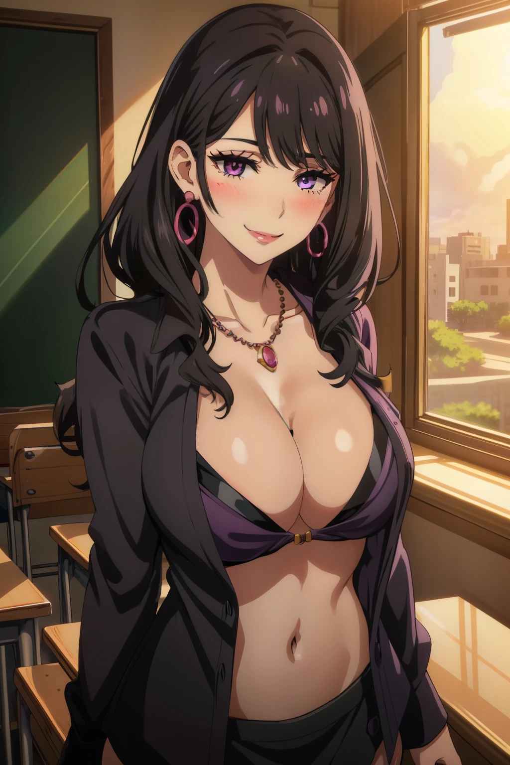 1girl,bangs,purple eyes,long hair,mature female,makeup,eyelashes,,black hair,, blush, lipstick, masterpiece, best quality, ((unbuttoned , cleavage, necklace, earrings, sexy body, breasts)) , micro skirt, smiling, navel , exposed belly, exposed navel,school,knot, classroom , holding a gun, hold a gun,