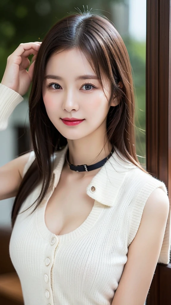 On the table, best quality, Photorealistic, Fine details, high resolution, 8k wallpaper, Perfect dynamic composition, Beautiful and delicate eyes, Medium Length Hair, Full breasts, Casual and sexy pose,Hold your head high and your chest high、(High collar cropped vest, sleeveless,White sweater Clear Clave)、Showing a small amount of chest skin,(Breast bulge 1.2)、Toothy smile、View from the resort、18 years old、(Sagging eyes 1.4)、Adult Beauty、Japanese